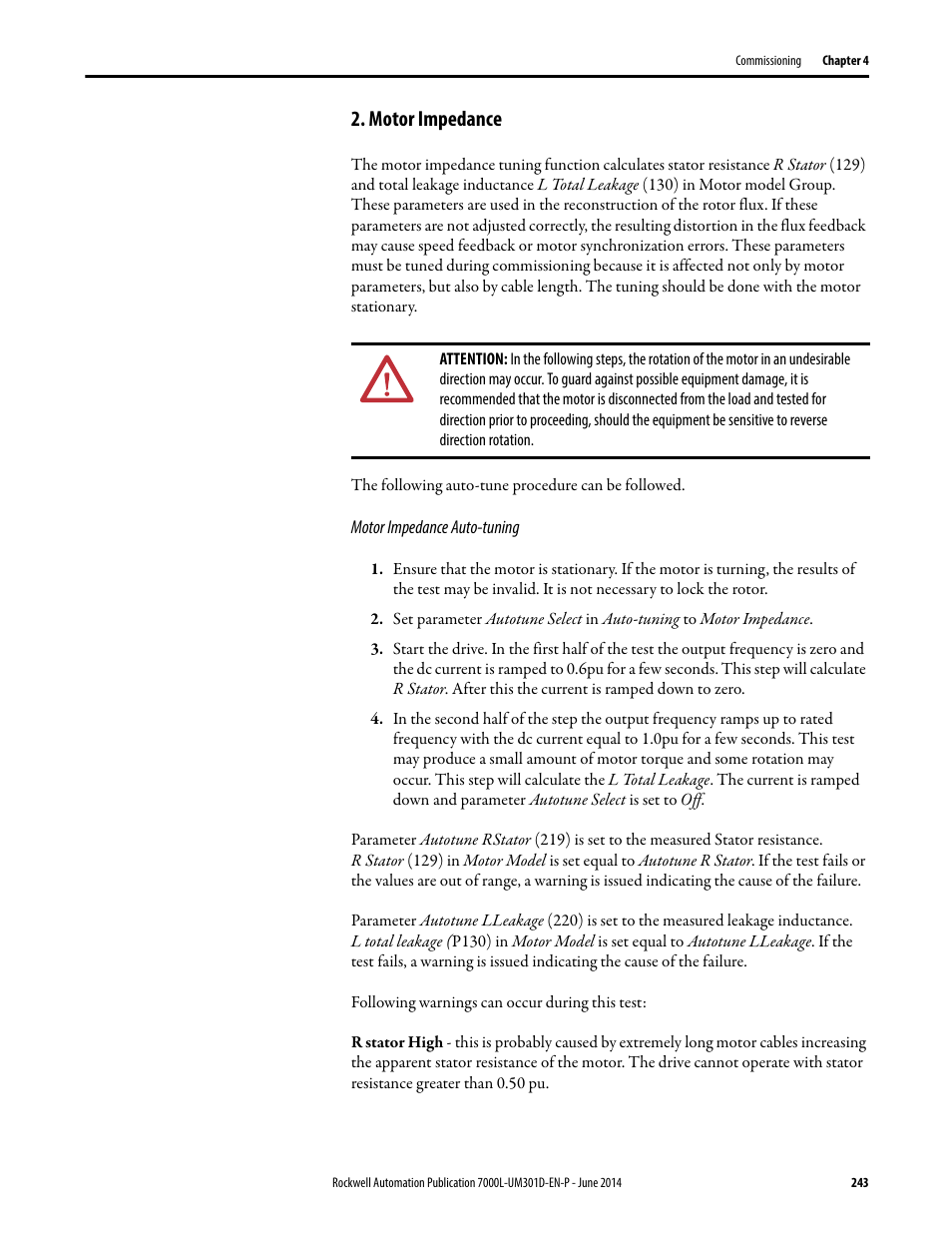 Motor impedance | Rockwell Automation 7000L PowerFlex Medium Voltage AC Drive (C-Frame) - ForGe Control User Manual | Page 243 / 432
