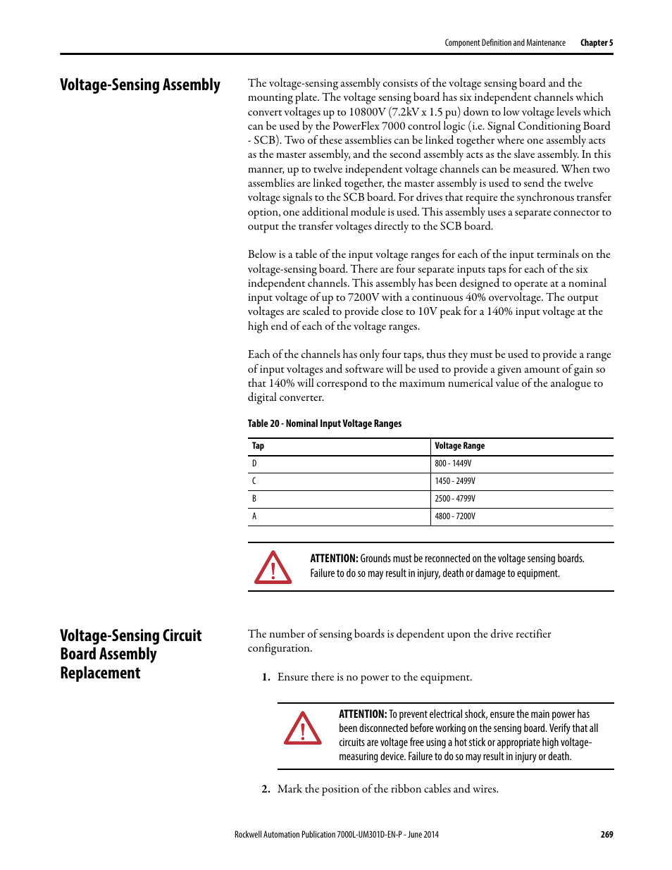 Voltage-sensing assembly, Voltage-sensing circuit board assembly replacement | Rockwell Automation 7000L PowerFlex Medium Voltage AC Drive (C-Frame) - ForGe Control User Manual | Page 269 / 432