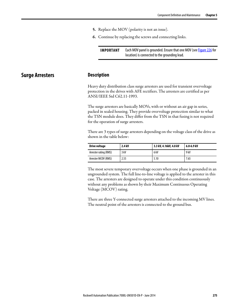 Surge arresters, Description | Rockwell Automation 7000L PowerFlex Medium Voltage AC Drive (C-Frame) - ForGe Control User Manual | Page 275 / 432