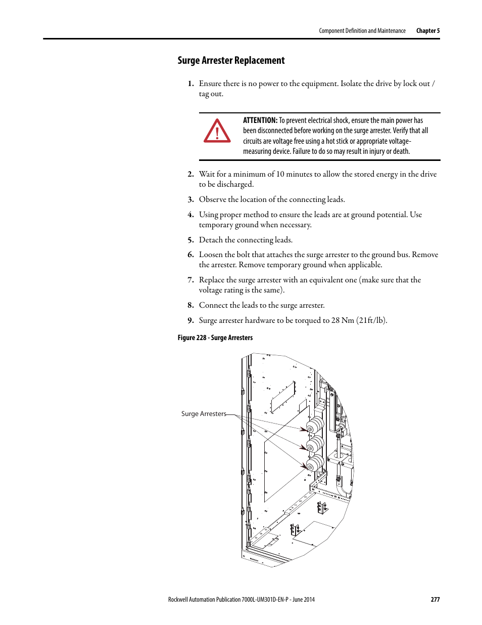 Surge arrester replacement | Rockwell Automation 7000L PowerFlex Medium Voltage AC Drive (C-Frame) - ForGe Control User Manual | Page 277 / 432