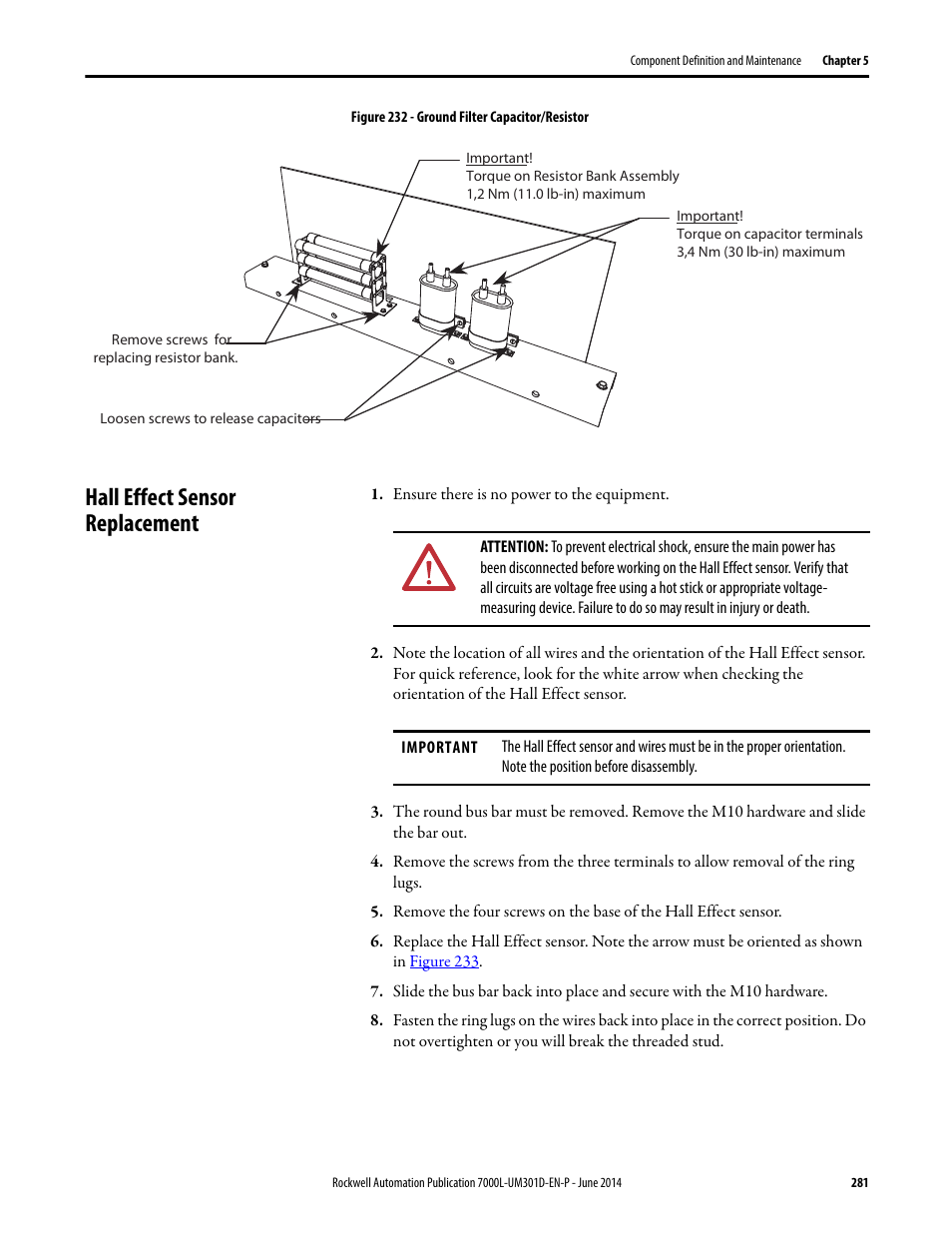 Hall effect sensor replacement | Rockwell Automation 7000L PowerFlex Medium Voltage AC Drive (C-Frame) - ForGe Control User Manual | Page 281 / 432