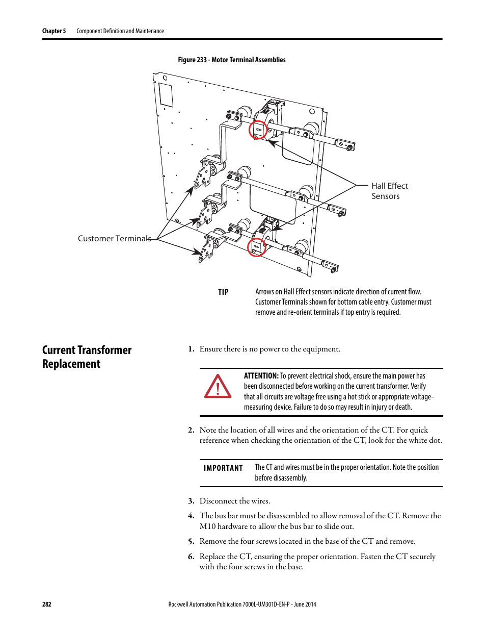 Current transformer replacement | Rockwell Automation 7000L PowerFlex Medium Voltage AC Drive (C-Frame) - ForGe Control User Manual | Page 282 / 432