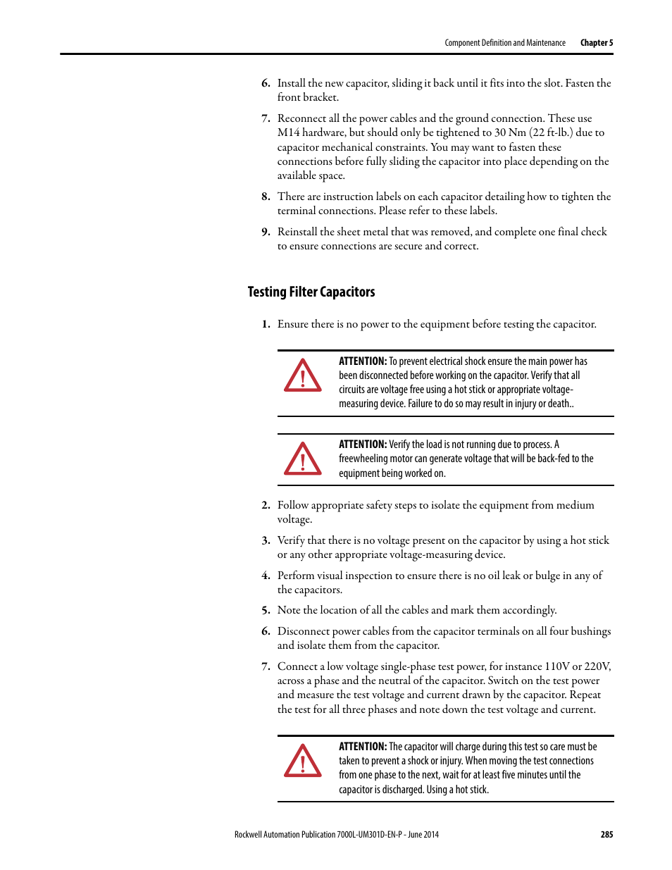 Testing filter capacitors | Rockwell Automation 7000L PowerFlex Medium Voltage AC Drive (C-Frame) - ForGe Control User Manual | Page 285 / 432