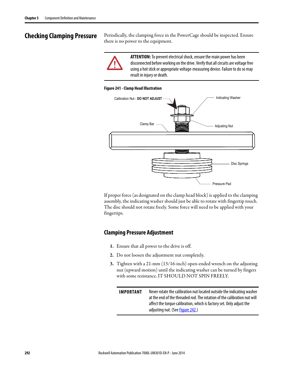 Checking clamping pressure, Clamping pressure adjustment | Rockwell Automation 7000L PowerFlex Medium Voltage AC Drive (C-Frame) - ForGe Control User Manual | Page 292 / 432