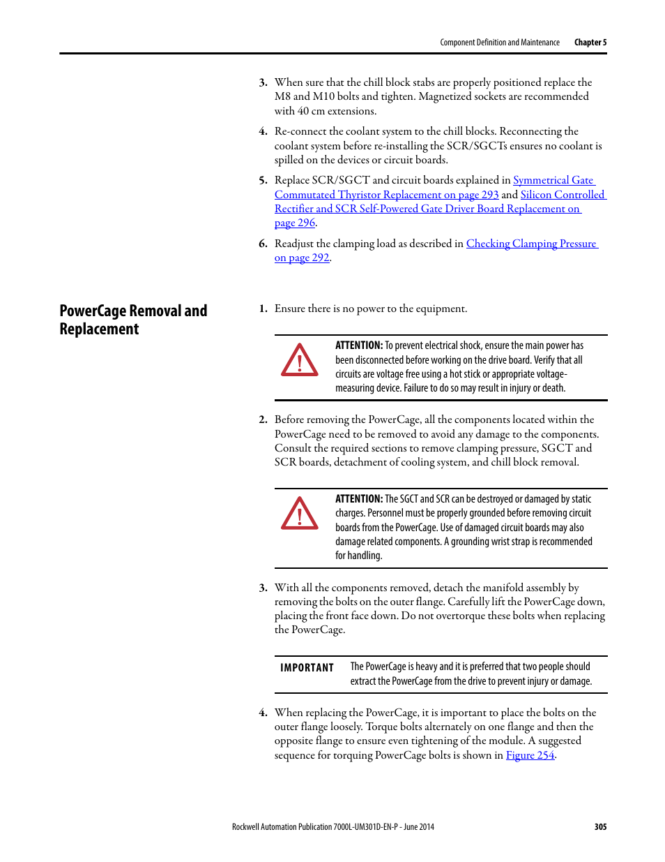 Powercage removal and replacement | Rockwell Automation 7000L PowerFlex Medium Voltage AC Drive (C-Frame) - ForGe Control User Manual | Page 305 / 432