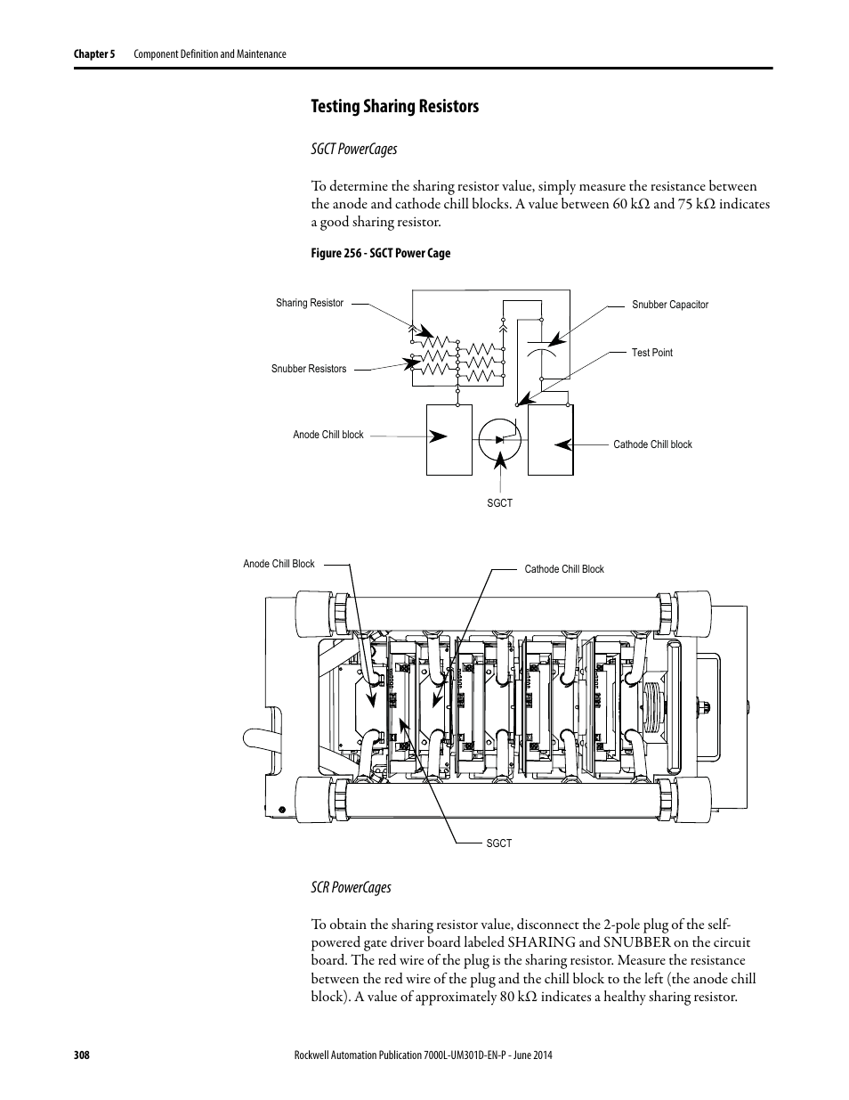 Testing sharing resistors, Sgct powercages, Scr powercages | Rockwell Automation 7000L PowerFlex Medium Voltage AC Drive (C-Frame) - ForGe Control User Manual | Page 308 / 432