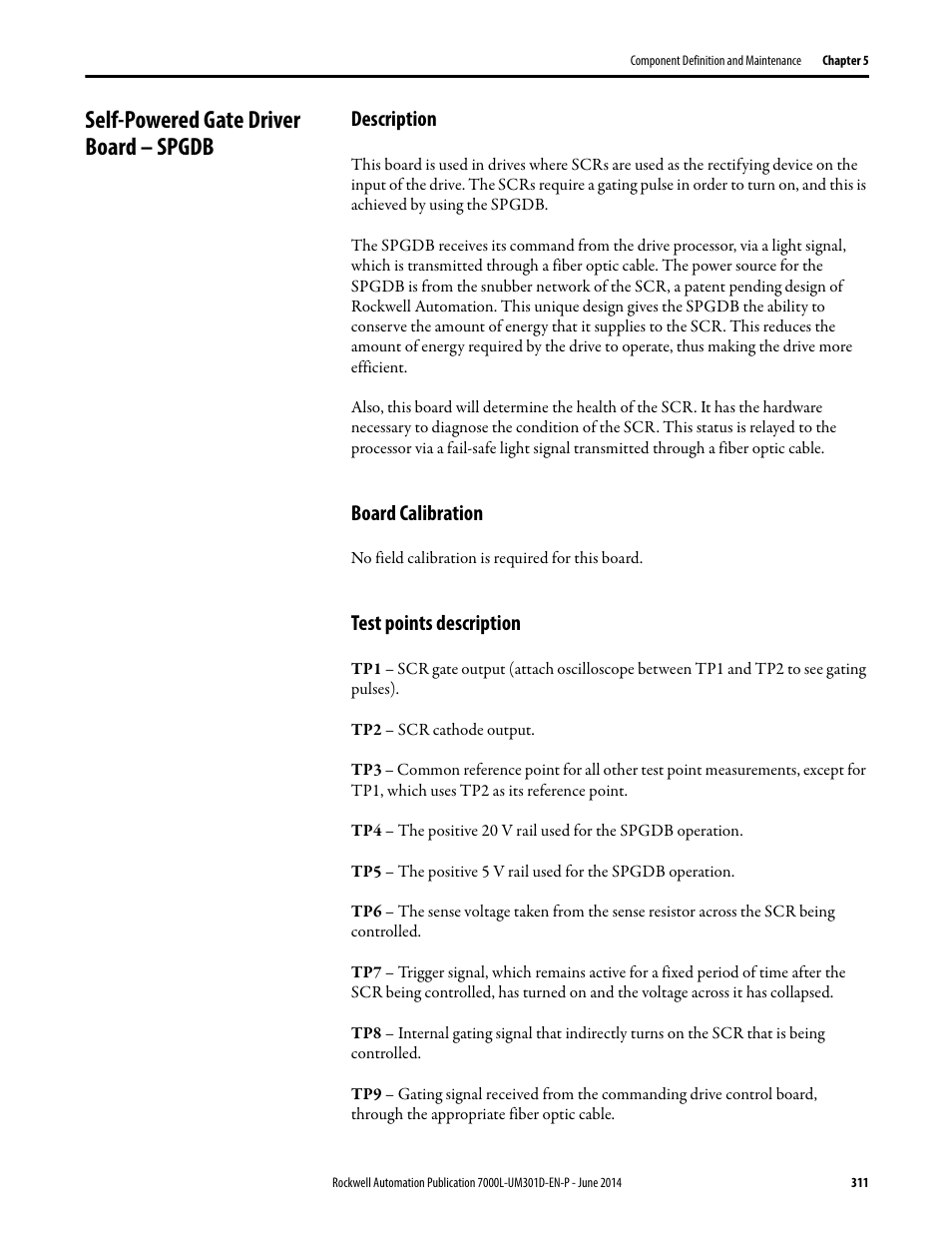 Self-powered gate driver board – spgdb, Description, Board calibration | Test points description, Board calibration test points description | Rockwell Automation 7000L PowerFlex Medium Voltage AC Drive (C-Frame) - ForGe Control User Manual | Page 311 / 432