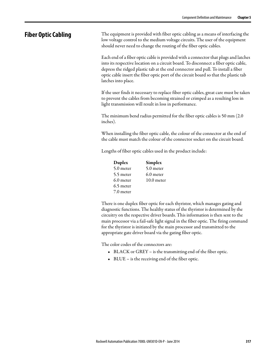 Fiber optic cabling | Rockwell Automation 7000L PowerFlex Medium Voltage AC Drive (C-Frame) - ForGe Control User Manual | Page 317 / 432