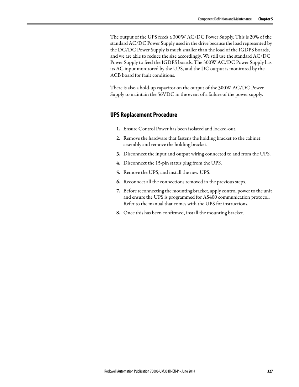 Ups replacement procedure | Rockwell Automation 7000L PowerFlex Medium Voltage AC Drive (C-Frame) - ForGe Control User Manual | Page 327 / 432