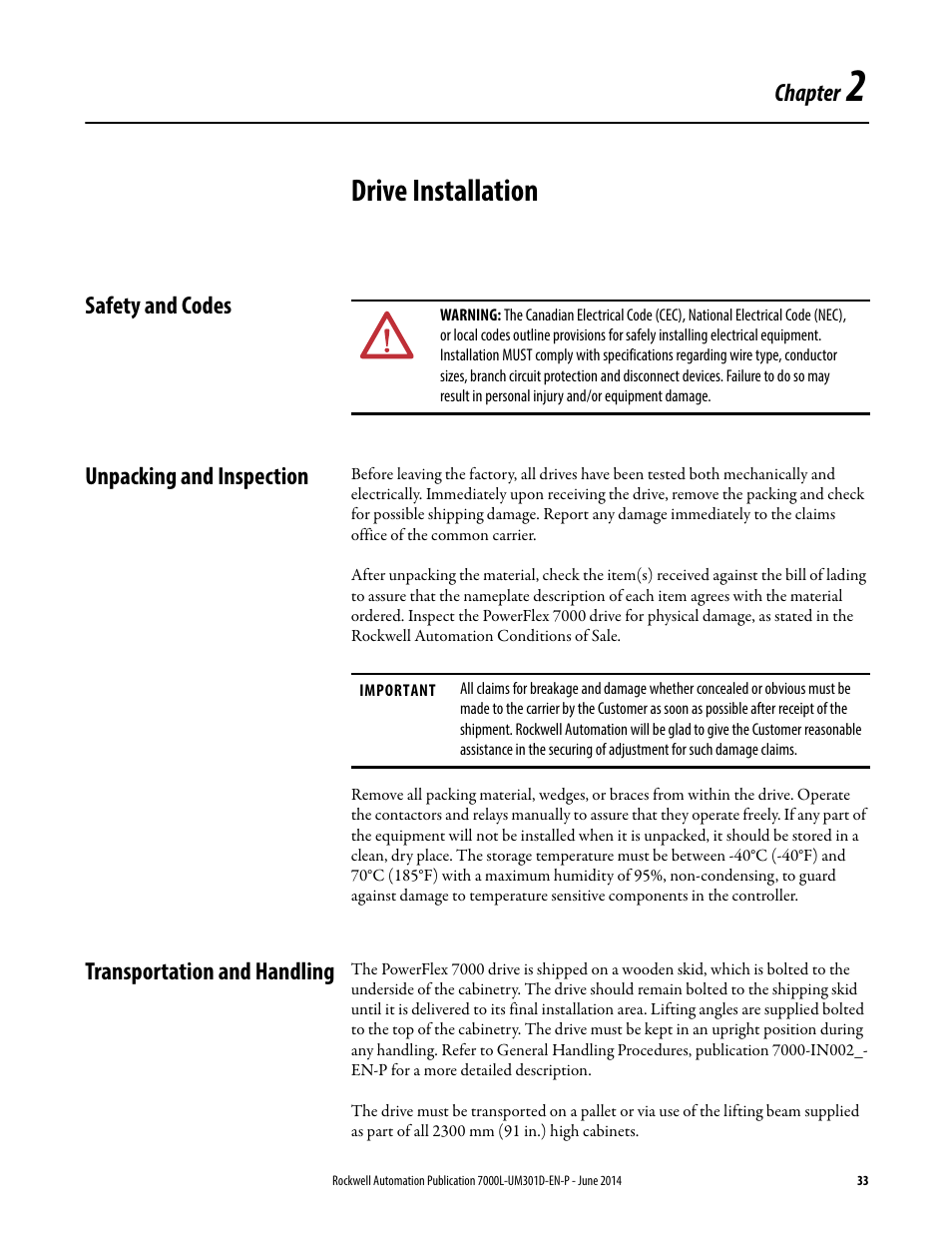 2 - drive installation, Safety and codes, Unpacking and inspection | Transportation and handling, Chapter 2, Drive installation | Rockwell Automation 7000L PowerFlex Medium Voltage AC Drive (C-Frame) - ForGe Control User Manual | Page 33 / 432