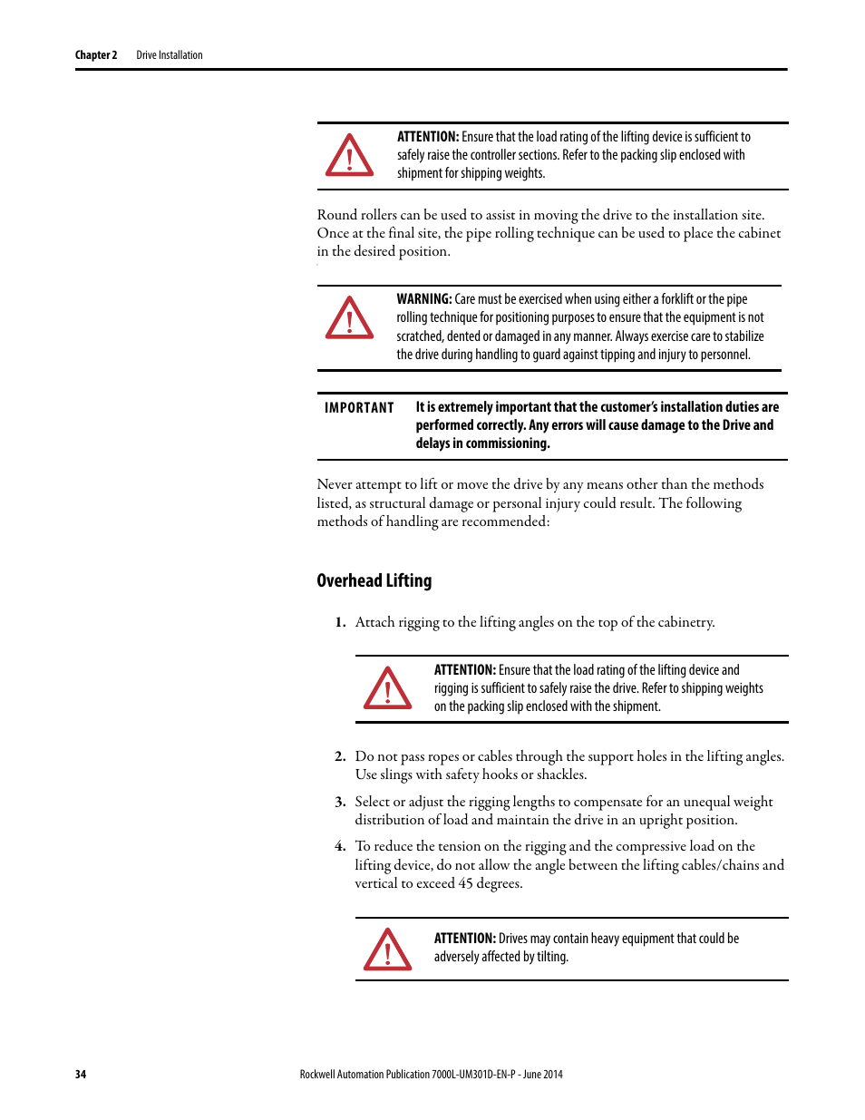 Overhead lifting | Rockwell Automation 7000L PowerFlex Medium Voltage AC Drive (C-Frame) - ForGe Control User Manual | Page 34 / 432