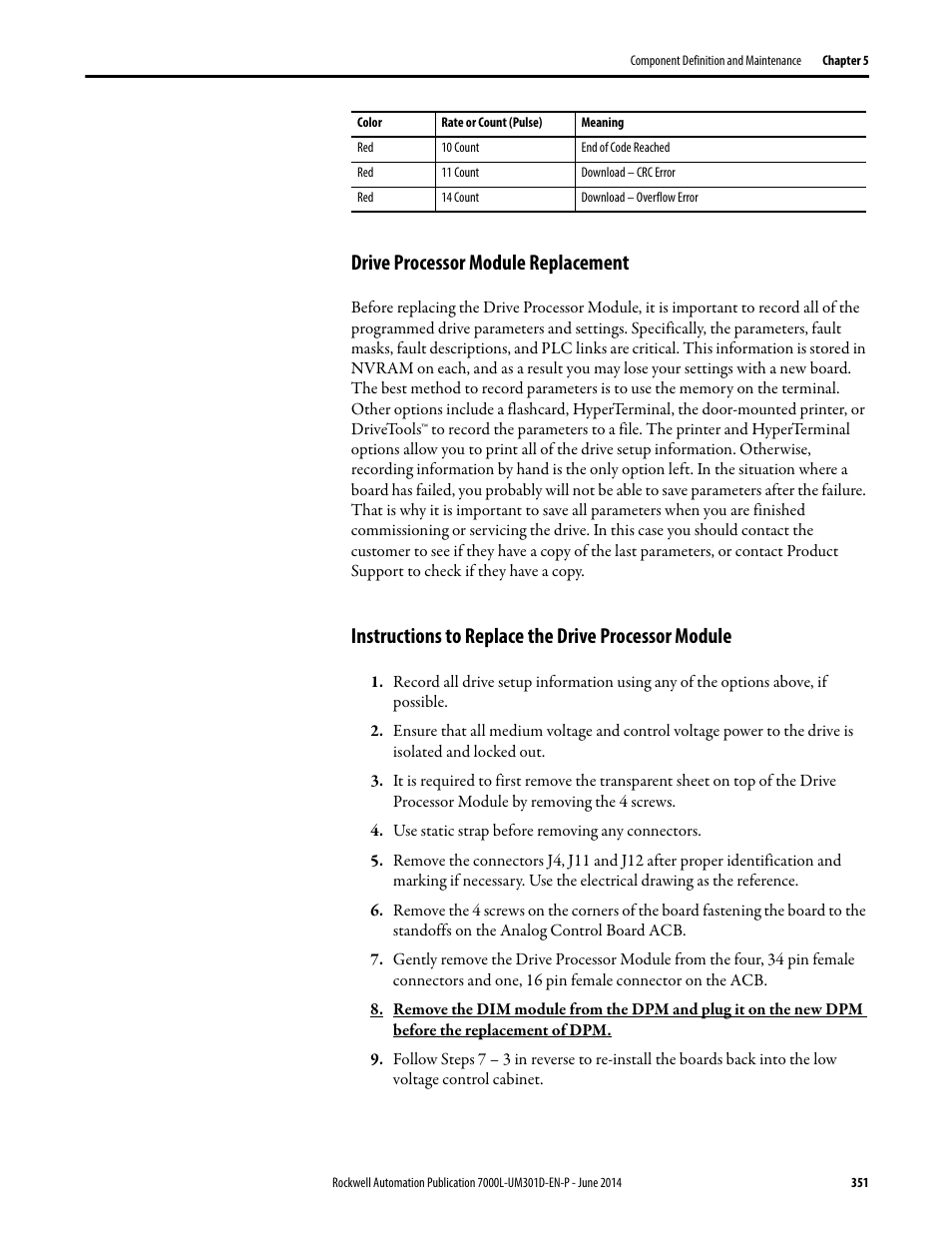 Drive processor module replacement, Instructions to replace the drive processor module | Rockwell Automation 7000L PowerFlex Medium Voltage AC Drive (C-Frame) - ForGe Control User Manual | Page 351 / 432