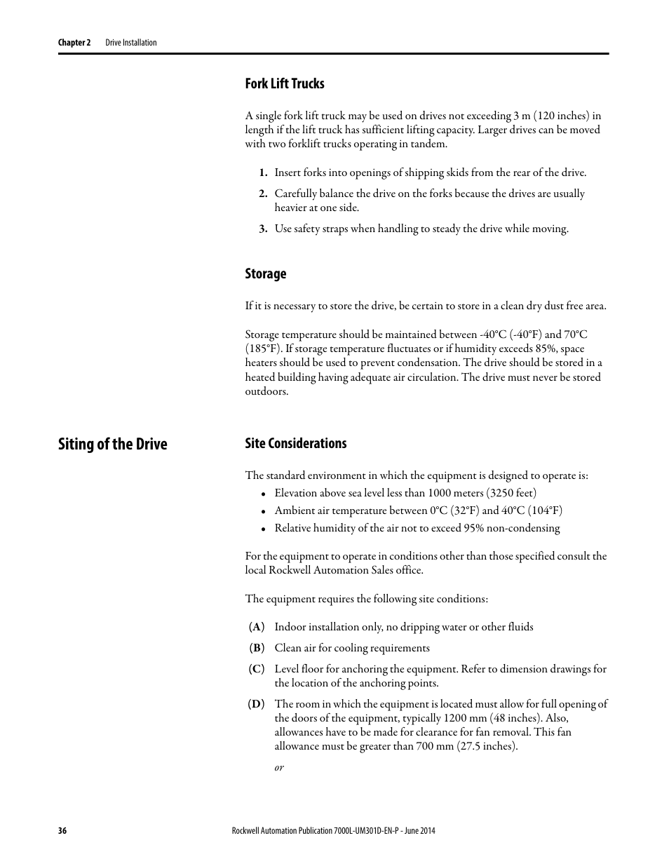 Fork lift trucks, Storage, Siting of the drive | Site considerations, Fork lift trucks storage | Rockwell Automation 7000L PowerFlex Medium Voltage AC Drive (C-Frame) - ForGe Control User Manual | Page 36 / 432