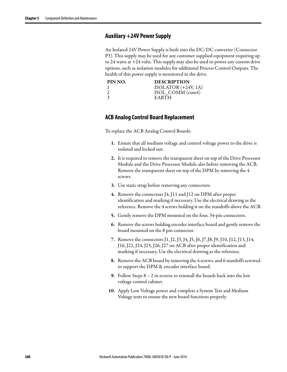 Auxiliary +24v power supply, Acb analog control board replacement | Rockwell Automation 7000L PowerFlex Medium Voltage AC Drive (C-Frame) - ForGe Control User Manual | Page 360 / 432