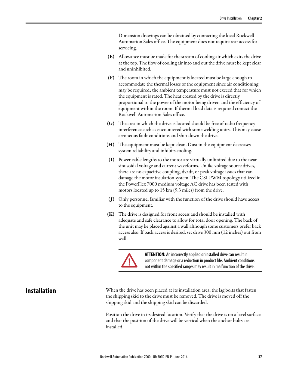 Installation | Rockwell Automation 7000L PowerFlex Medium Voltage AC Drive (C-Frame) - ForGe Control User Manual | Page 37 / 432