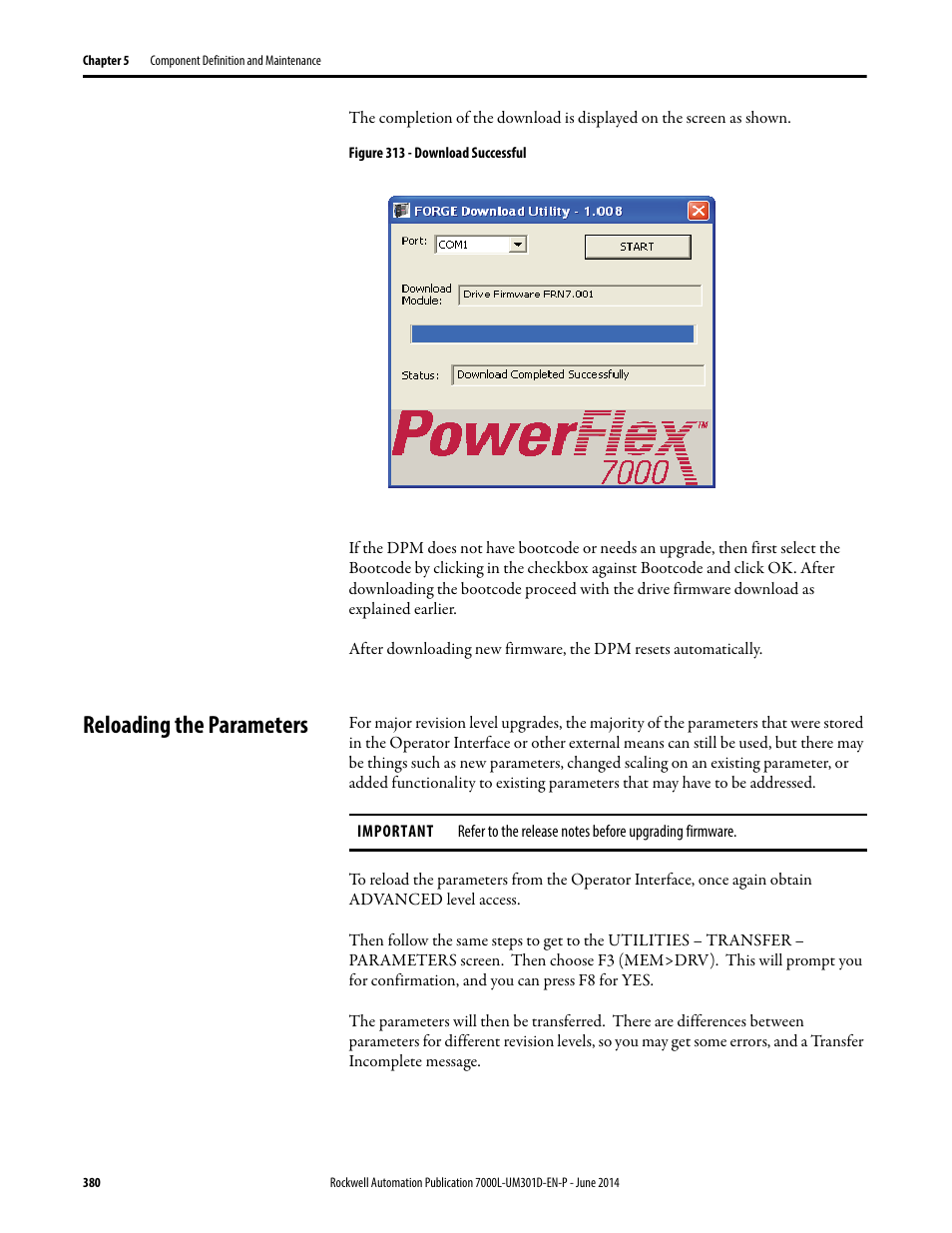 Reloading the parameters | Rockwell Automation 7000L PowerFlex Medium Voltage AC Drive (C-Frame) - ForGe Control User Manual | Page 380 / 432
