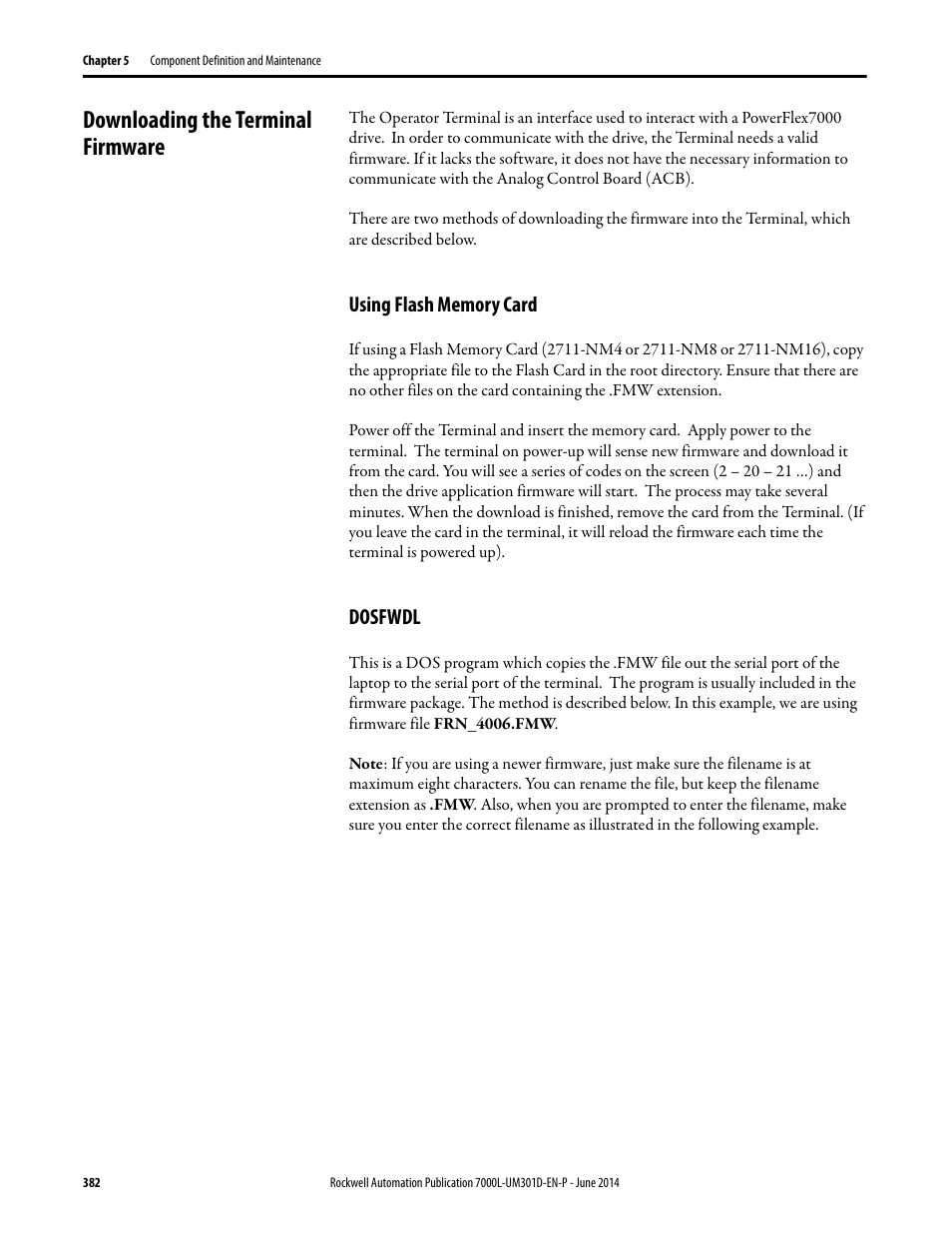 Downloading the terminal firmware, Using flash memory card, Dosfwdl | Using flash memory card dosfwdl | Rockwell Automation 7000L PowerFlex Medium Voltage AC Drive (C-Frame) - ForGe Control User Manual | Page 382 / 432