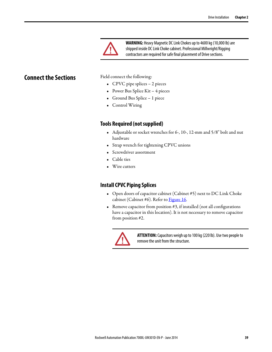 Connect the sections, Tools required (not supplied), Install cpvc piping splices | Rockwell Automation 7000L PowerFlex Medium Voltage AC Drive (C-Frame) - ForGe Control User Manual | Page 39 / 432