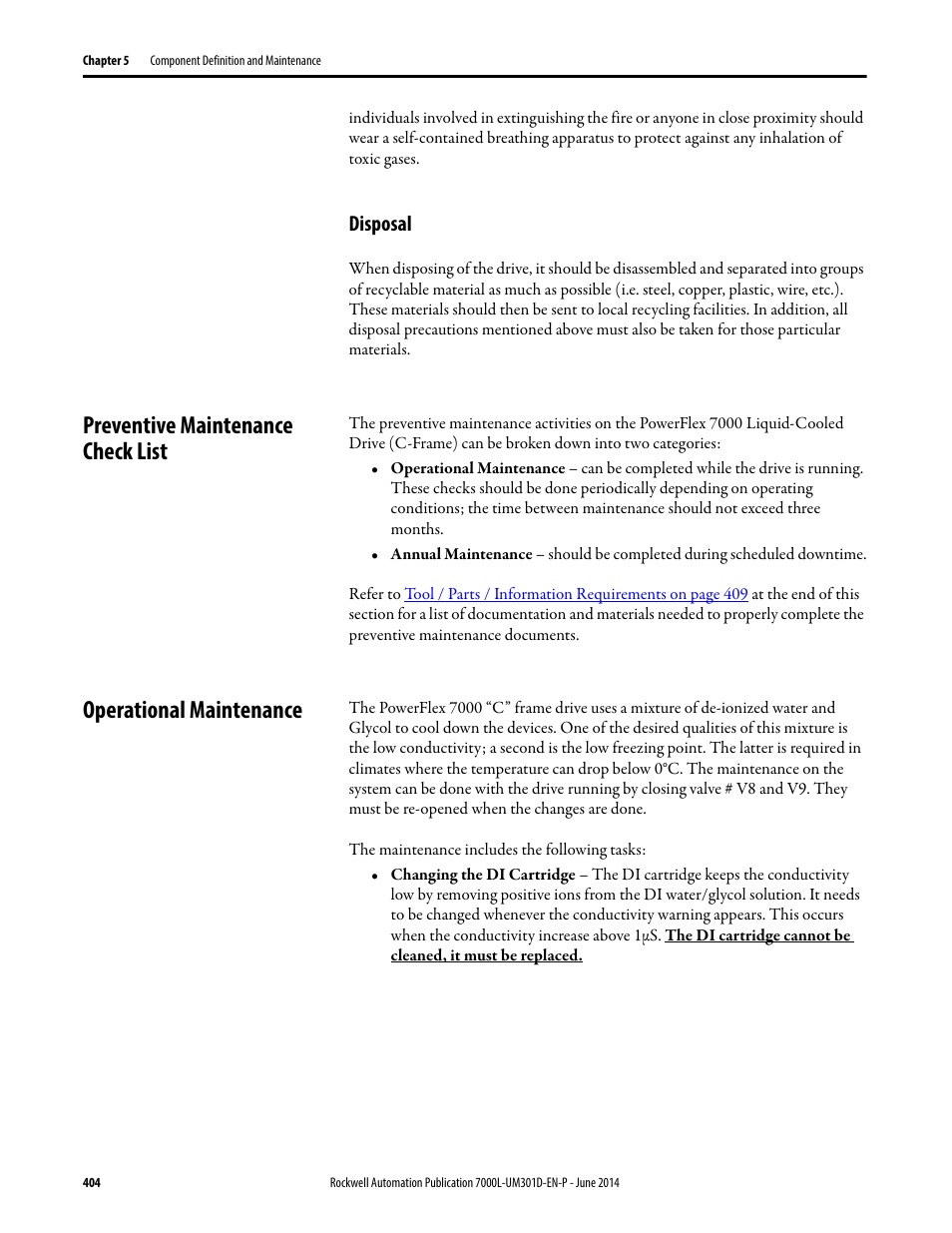 Disposal, Preventive maintenance check list, Operational maintenance | Rockwell Automation 7000L PowerFlex Medium Voltage AC Drive (C-Frame) - ForGe Control User Manual | Page 404 / 432