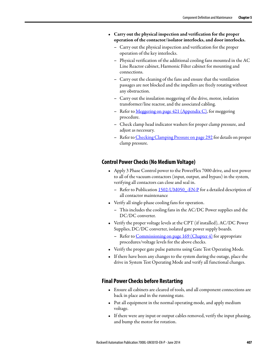 Control power checks (no medium voltage), Final power checks before restarting | Rockwell Automation 7000L PowerFlex Medium Voltage AC Drive (C-Frame) - ForGe Control User Manual | Page 407 / 432