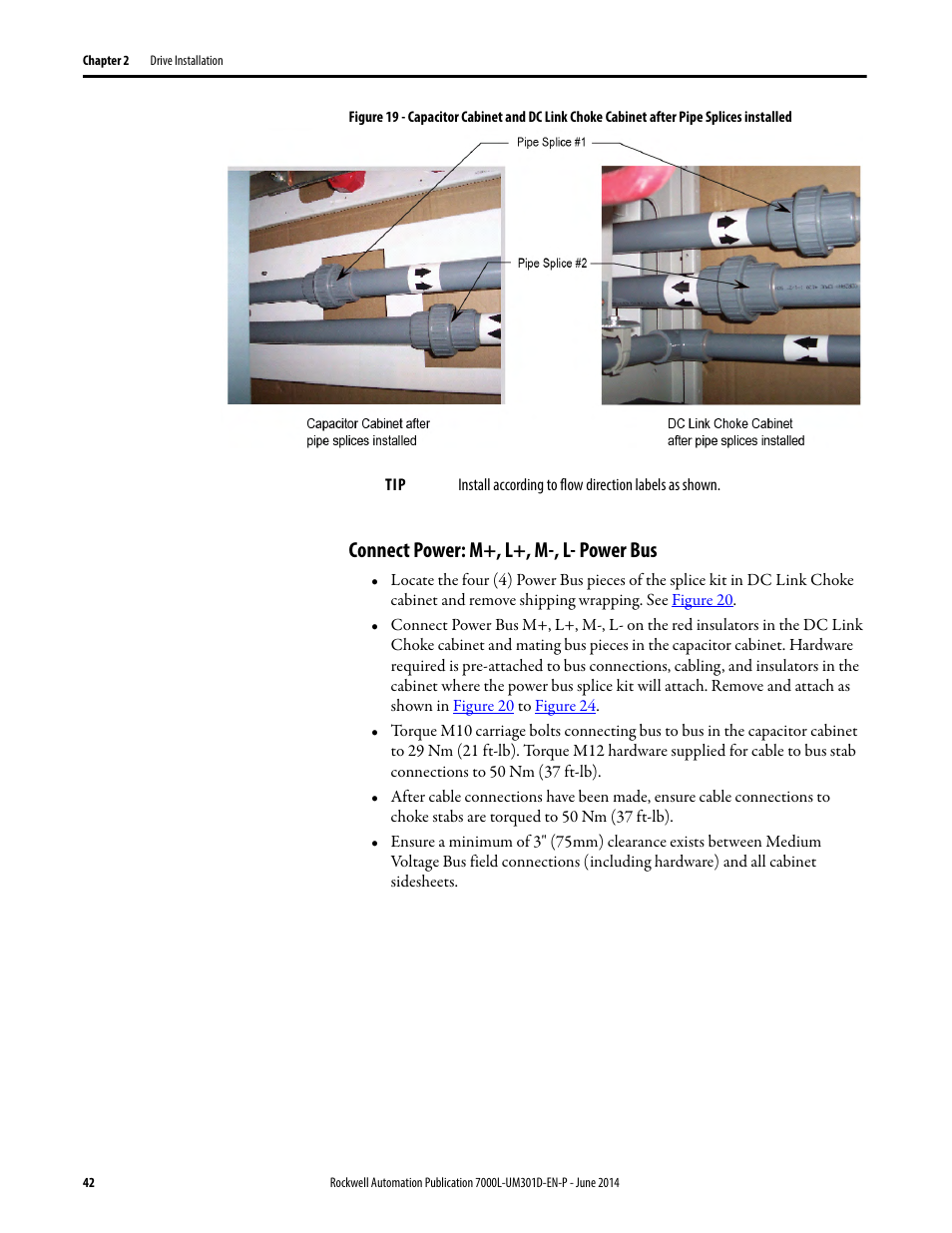 Connect power: m+, l+, m-, l- power bus, Figure 19 | Rockwell Automation 7000L PowerFlex Medium Voltage AC Drive (C-Frame) - ForGe Control User Manual | Page 42 / 432