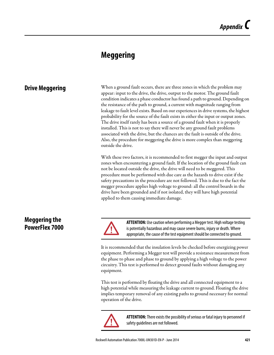 C - meggering, Drive meggering, Meggering the powerflex 7000 | Appendix c, Meggering, Drive meggering meggering the powerflex 7000, Refer to, For meg | Rockwell Automation 7000L PowerFlex Medium Voltage AC Drive (C-Frame) - ForGe Control User Manual | Page 421 / 432
