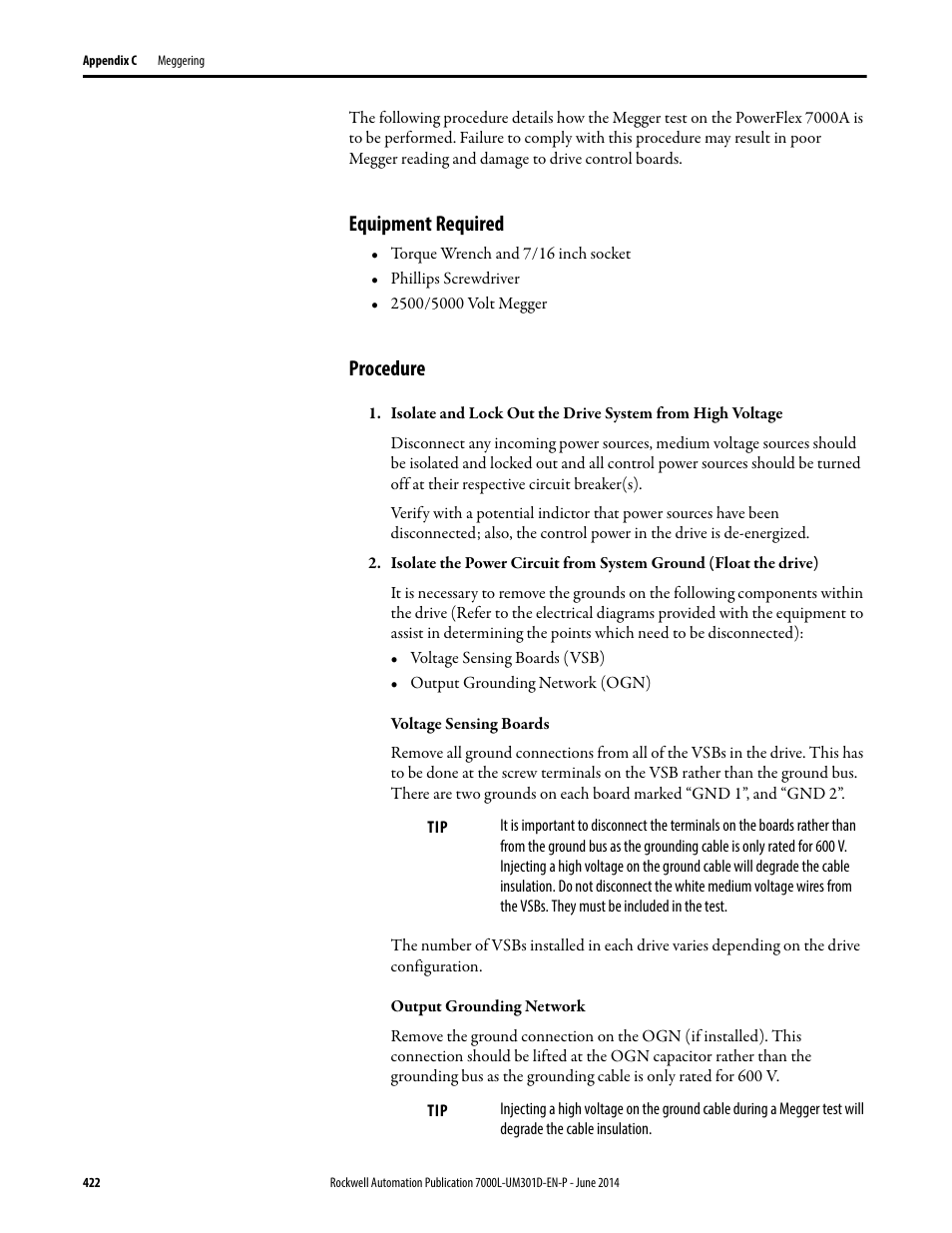 Equipment required, Procedure, Equipment required procedure | Rockwell Automation 7000L PowerFlex Medium Voltage AC Drive (C-Frame) - ForGe Control User Manual | Page 422 / 432