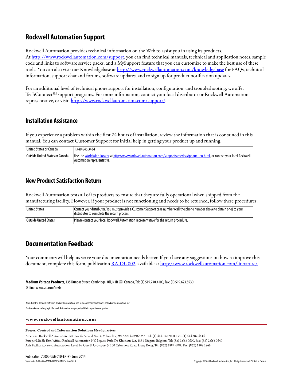 Back cover, Rockwell automation support, Documentation feedback | Installation assistance, New product satisfaction return | Rockwell Automation 7000L PowerFlex Medium Voltage AC Drive (C-Frame) - ForGe Control User Manual | Page 432 / 432