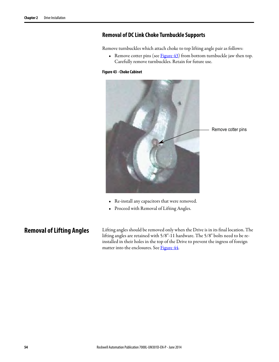 Removal of dc link choke turnbuckle supports, Removal of lifting angles | Rockwell Automation 7000L PowerFlex Medium Voltage AC Drive (C-Frame) - ForGe Control User Manual | Page 54 / 432