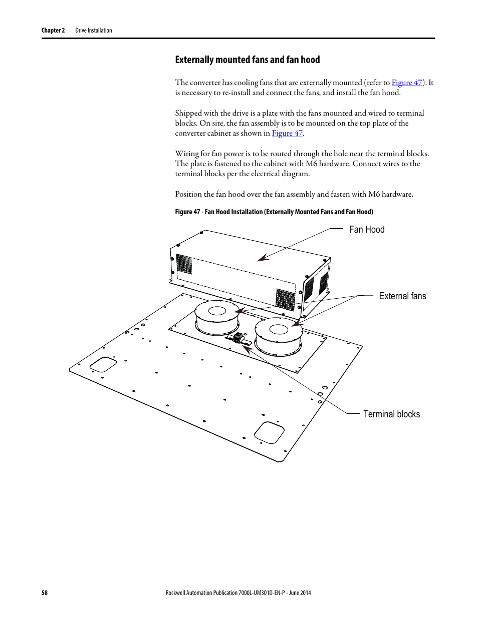 Externally mounted fans and fan hood | Rockwell Automation 7000L PowerFlex Medium Voltage AC Drive (C-Frame) - ForGe Control User Manual | Page 58 / 432