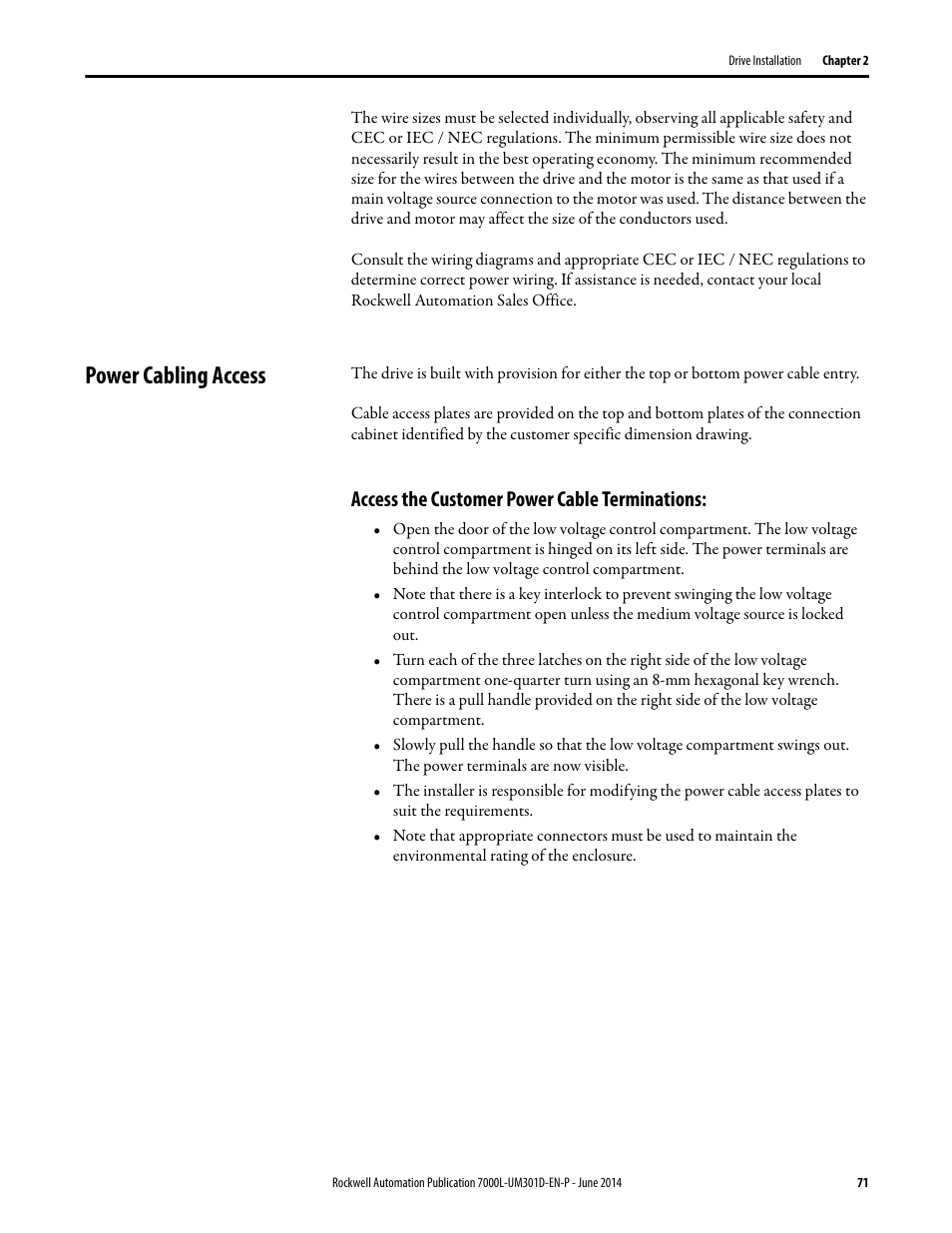 Power cabling access, Access the customer power cable terminations | Rockwell Automation 7000L PowerFlex Medium Voltage AC Drive (C-Frame) - ForGe Control User Manual | Page 71 / 432
