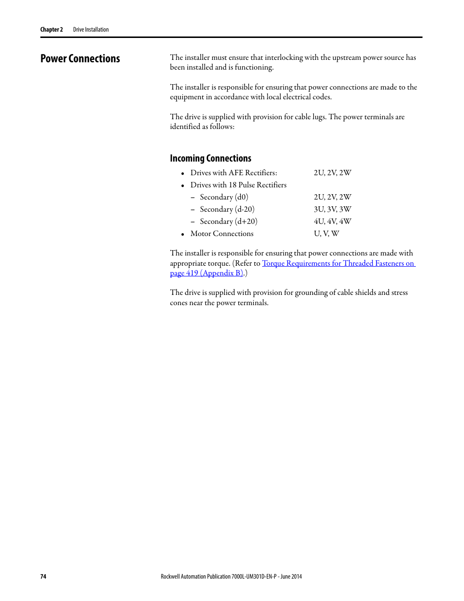 Power connections, Incoming connections | Rockwell Automation 7000L PowerFlex Medium Voltage AC Drive (C-Frame) - ForGe Control User Manual | Page 74 / 432