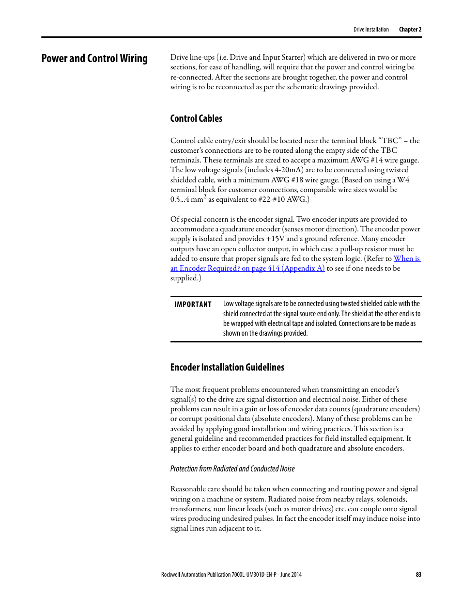 Power and control wiring, Control cables, Encoder installation guidelines | Control cables encoder installation guidelines | Rockwell Automation 7000L PowerFlex Medium Voltage AC Drive (C-Frame) - ForGe Control User Manual | Page 83 / 432