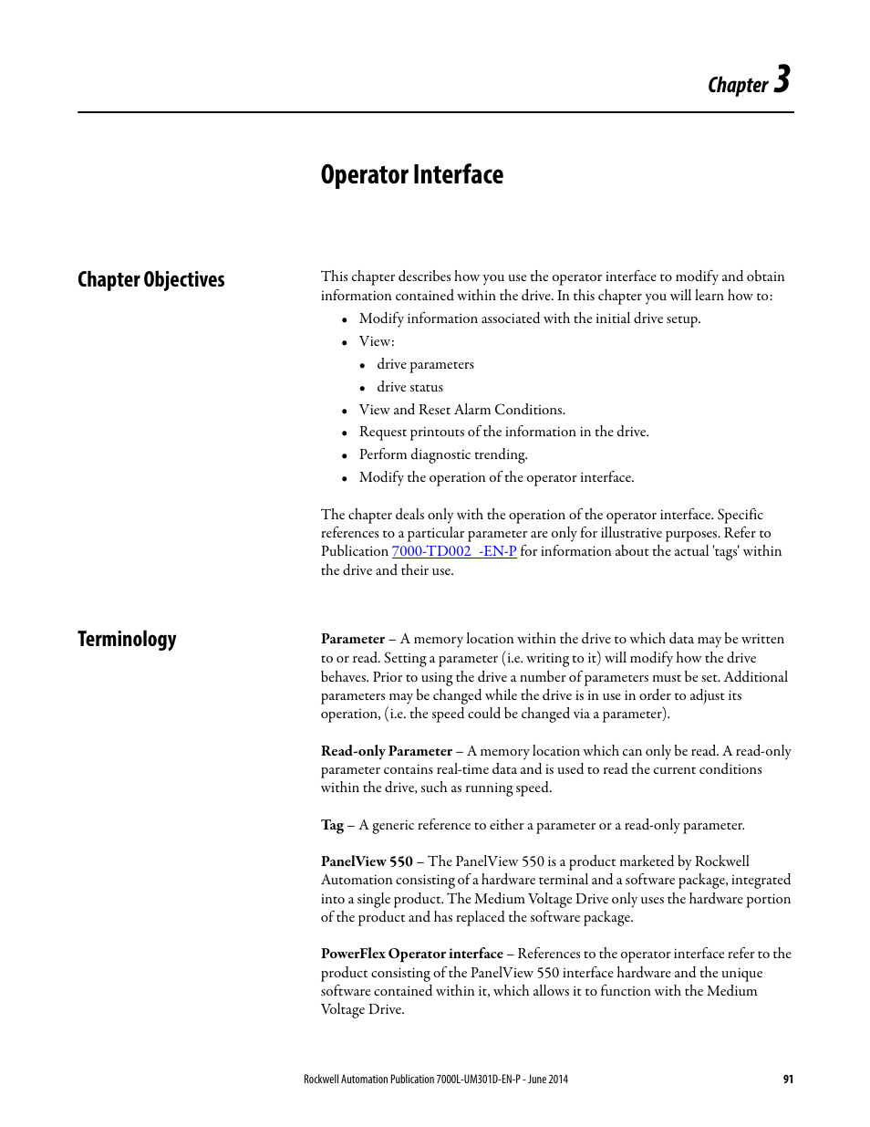 3 - operator interface, Chapter objectives, Terminology | Chapter 3, Operator interface, Chapter objectives terminology, Chapter | Rockwell Automation 7000L PowerFlex Medium Voltage AC Drive (C-Frame) - ForGe Control User Manual | Page 91 / 432