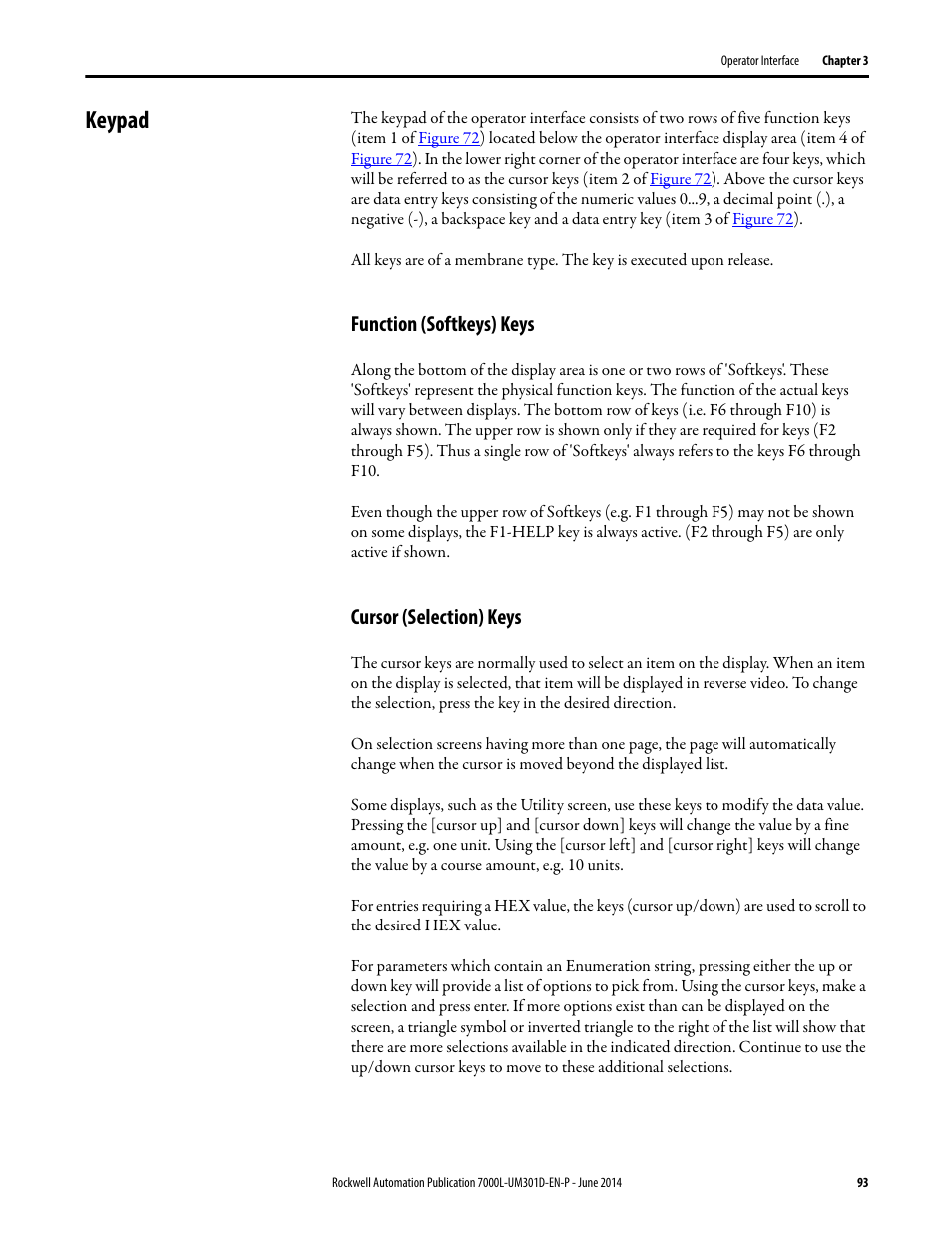 Keypad, Function (softkeys) keys, Cursor (selection) keys | Function (softkeys) keys cursor (selection) keys | Rockwell Automation 7000L PowerFlex Medium Voltage AC Drive (C-Frame) - ForGe Control User Manual | Page 93 / 432