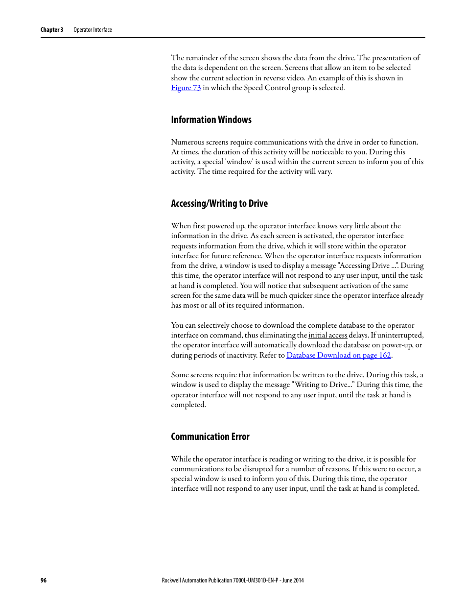 Information windows, Accessing/writing to drive, Communication error | Rockwell Automation 7000L PowerFlex Medium Voltage AC Drive (C-Frame) - ForGe Control User Manual | Page 96 / 432