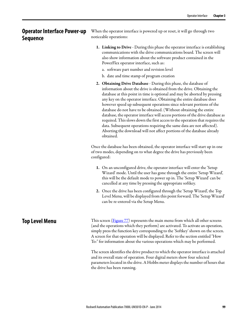 Operator interface power-up sequence, Top level menu | Rockwell Automation 7000L PowerFlex Medium Voltage AC Drive (C-Frame) - ForGe Control User Manual | Page 99 / 432