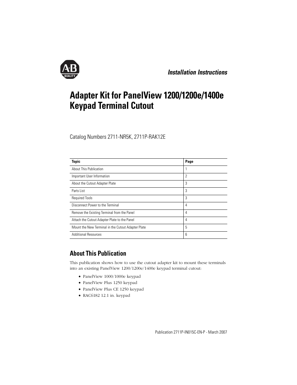 Rockwell Automation 2711P-RAK12e Adapter Kit for PanelView 1200/1200E/1400E Keypad Terminal Cutout User Manual | 8 pages