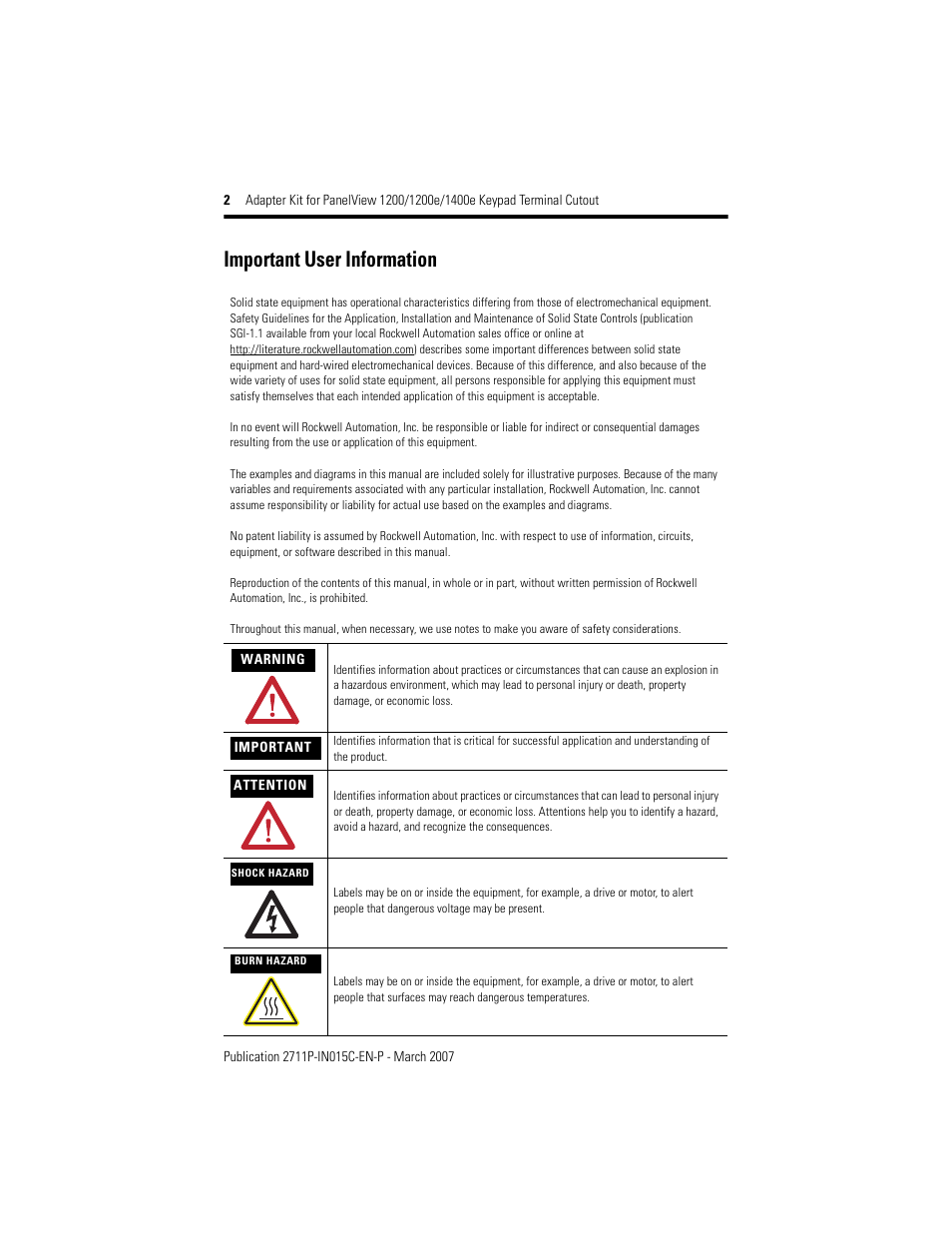Important user information | Rockwell Automation 2711P-RAK12e Adapter Kit for PanelView 1200/1200E/1400E Keypad Terminal Cutout User Manual | Page 2 / 8