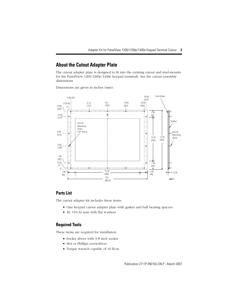 About the cutout adapter plate, Parts list, Required tools | Rockwell Automation 2711P-RAK12e Adapter Kit for PanelView 1200/1200E/1400E Keypad Terminal Cutout User Manual | Page 3 / 8