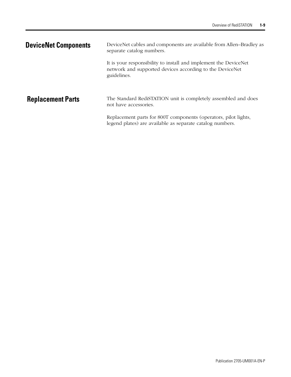 Devicenet components, Replacement parts, Devicenet components -9 replacement parts -9 | Rockwell Automation 2705 RediSTATION Operator Interface User Manual User Manual | Page 15 / 64