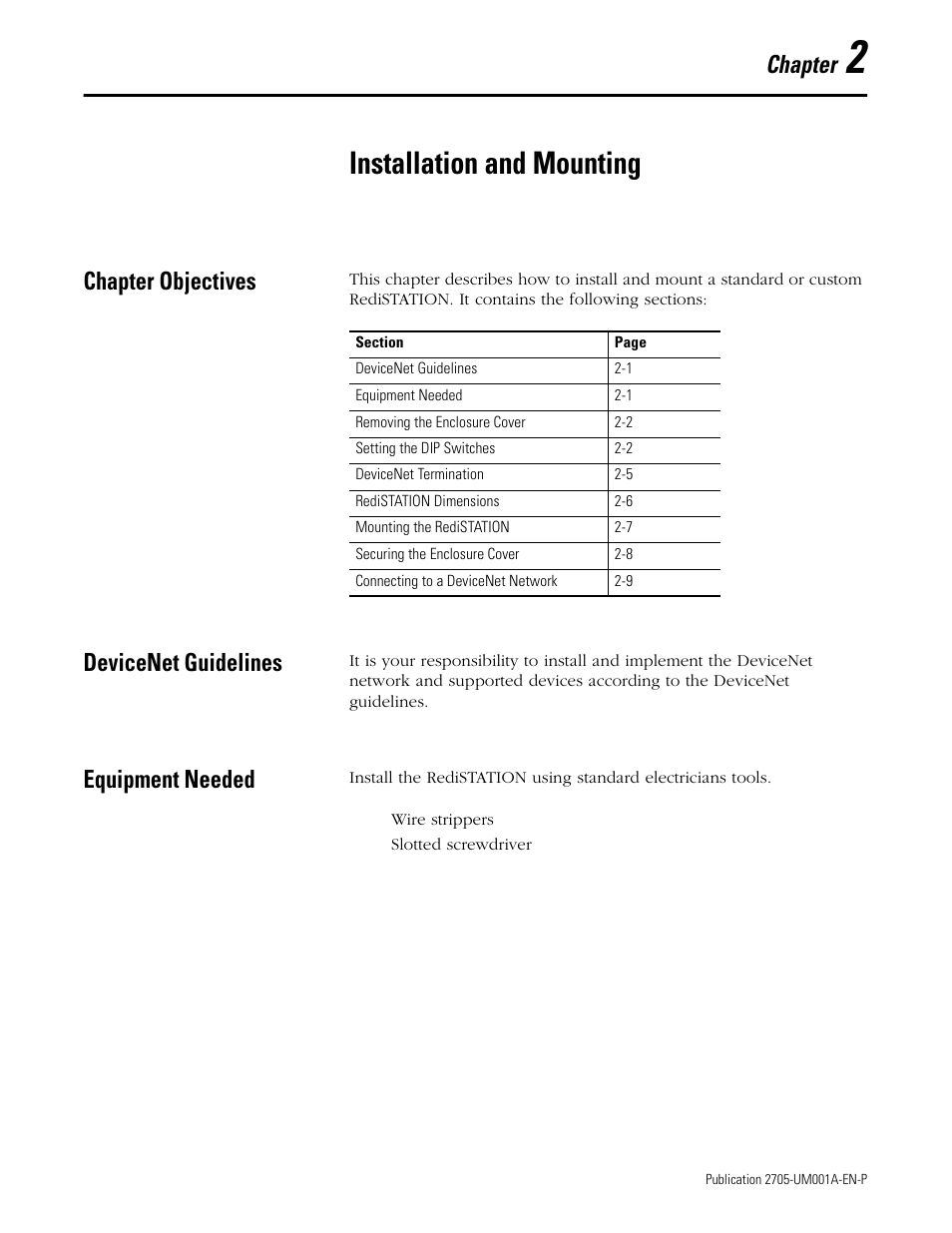 2 - installation and mounting, Chapter objectives, Devicenet guidelines | Equipment needed, Installation and mounting, Chapter | Rockwell Automation 2705 RediSTATION Operator Interface User Manual User Manual | Page 17 / 64