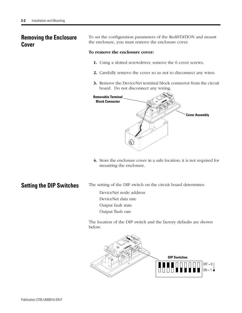 Removing the enclosure cover, Setting the dip switches | Rockwell Automation 2705 RediSTATION Operator Interface User Manual User Manual | Page 18 / 64