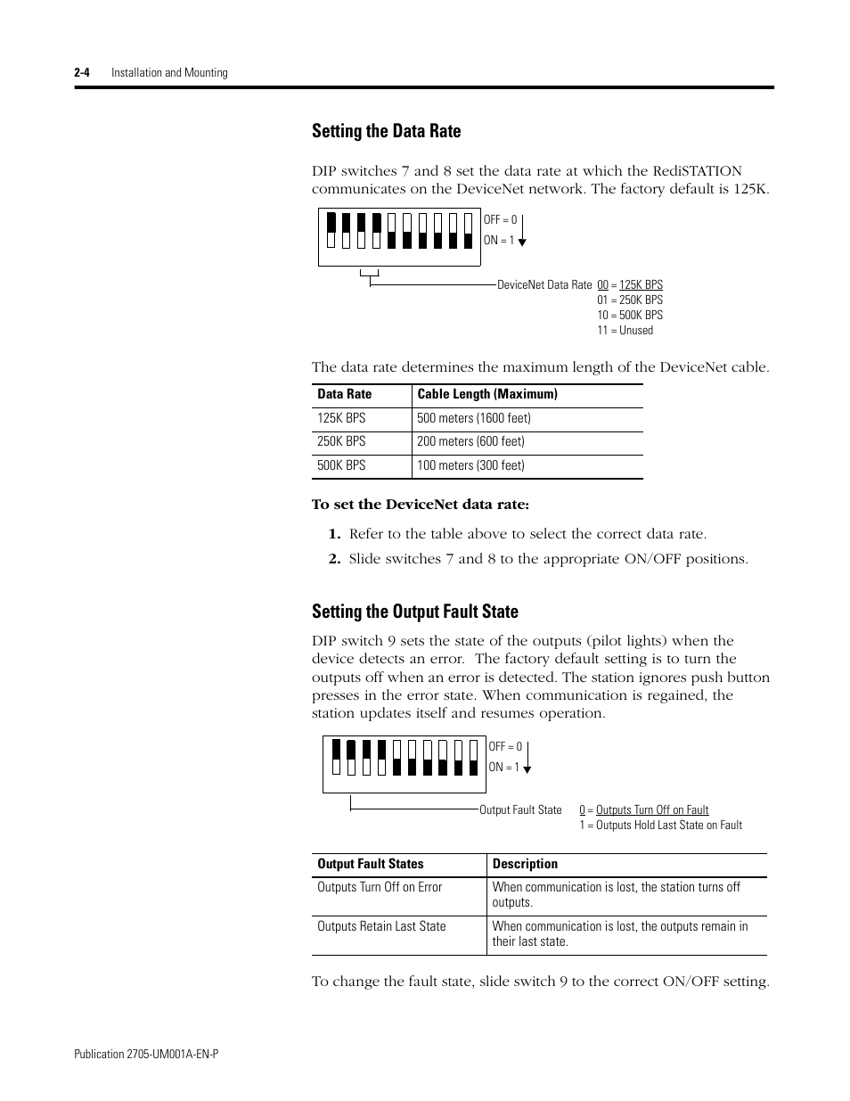 Setting the data rate, Setting the output fault state | Rockwell Automation 2705 RediSTATION Operator Interface User Manual User Manual | Page 20 / 64