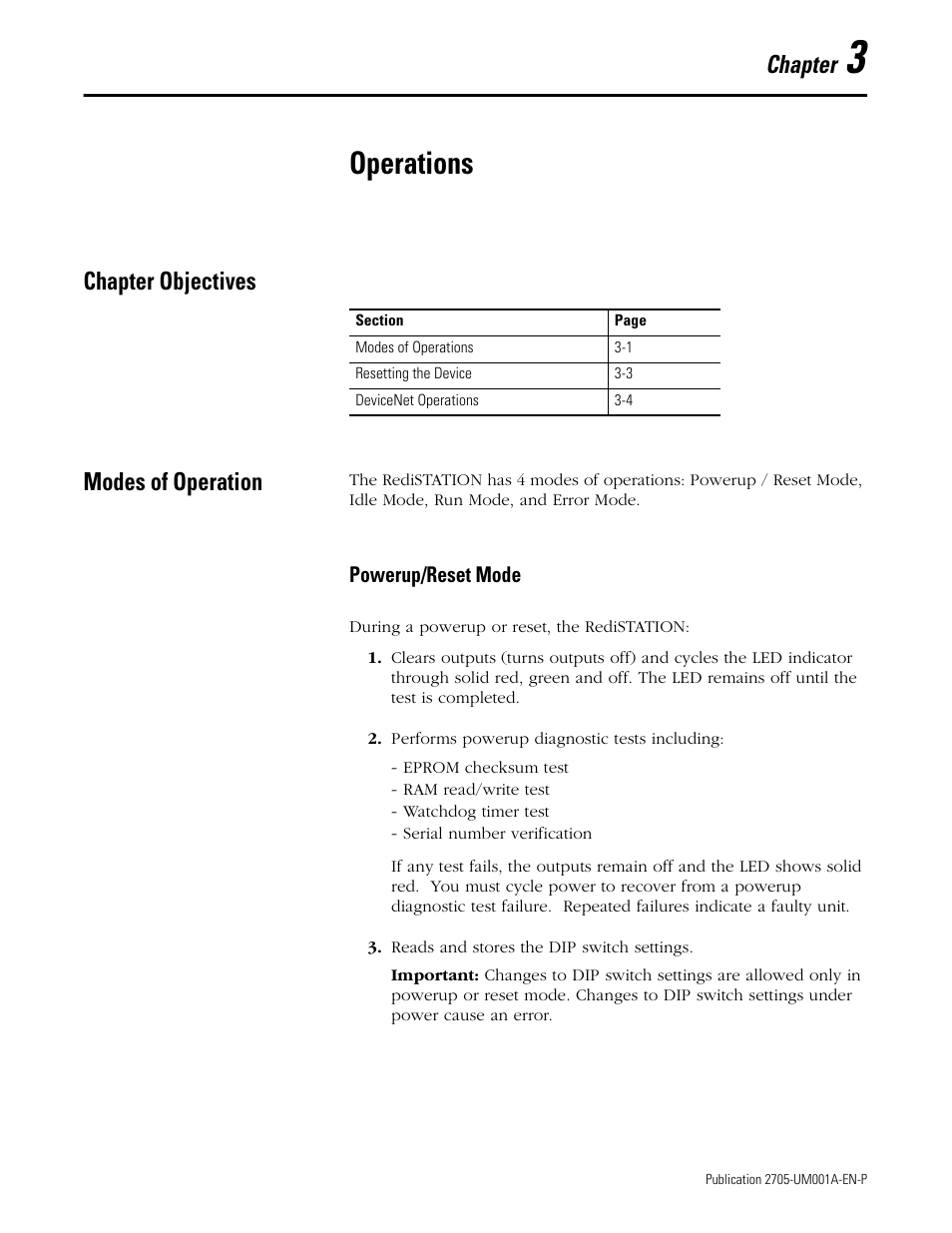 3 - operations, Chapter objectives, Modes of operation | Powerup/reset mode, Operations, Chapter objectives -1 modes of operation -1, Powerup/reset mode -1, Chapter | Rockwell Automation 2705 RediSTATION Operator Interface User Manual User Manual | Page 27 / 64