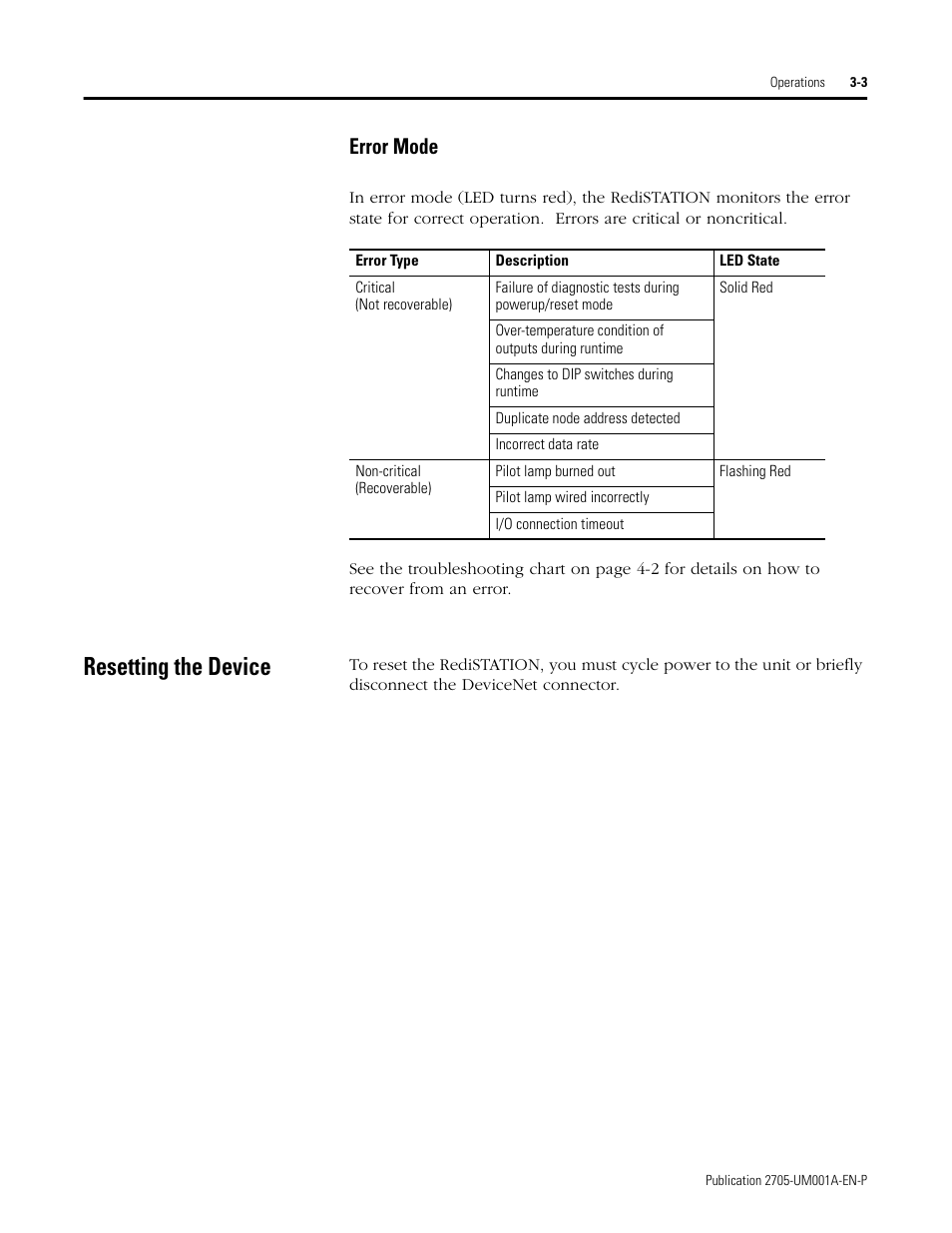 Error mode, Resetting the device, Error mode -3 | Resetting the device -3 | Rockwell Automation 2705 RediSTATION Operator Interface User Manual User Manual | Page 29 / 64