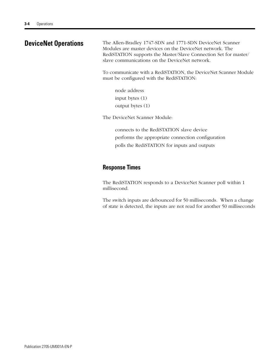 Devicenet operations, Response times, Devicenet operations -4 | Rockwell Automation 2705 RediSTATION Operator Interface User Manual User Manual | Page 30 / 64
