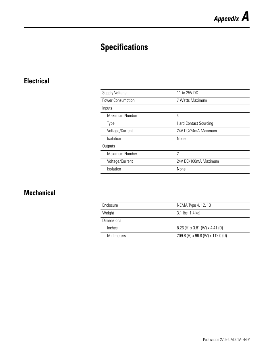 A - specifications, Electrical, Mechanical | Specifications, Appendix, Electrical mechanical | Rockwell Automation 2705 RediSTATION Operator Interface User Manual User Manual | Page 43 / 64