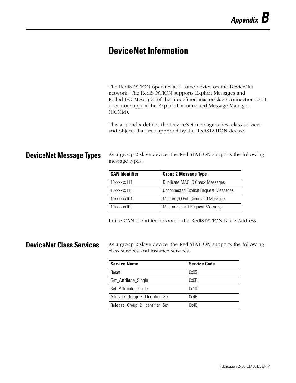 B - devicenet information, Devicenet message types, Devicenet class services | Devicenet information, Appendix | Rockwell Automation 2705 RediSTATION Operator Interface User Manual User Manual | Page 45 / 64