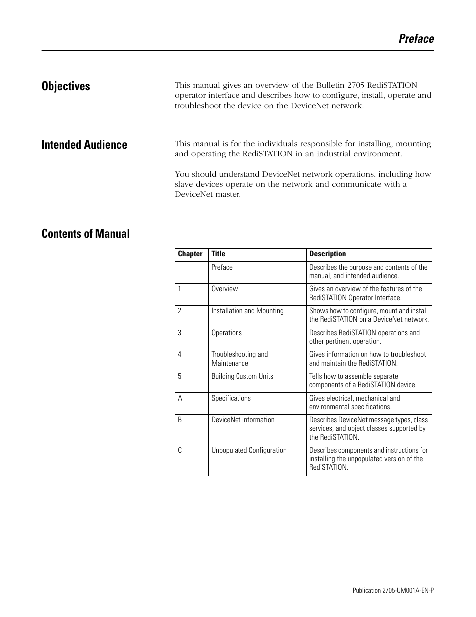 Preface, Objectives, Intended audience | Contents of manual, Preface objectives | Rockwell Automation 2705 RediSTATION Operator Interface User Manual User Manual | Page 5 / 64